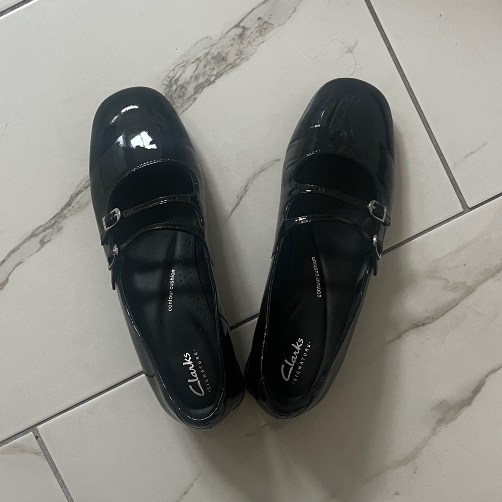 Clarks Patent Black Double-Strap Mary Jane Flats